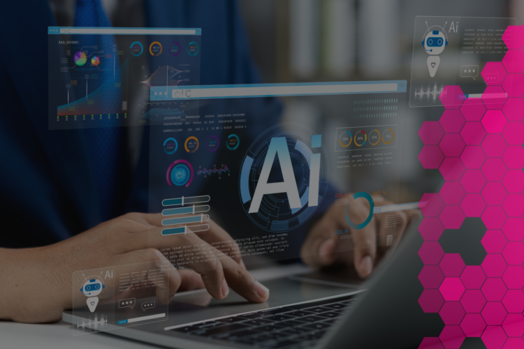 Someone using a laptop with "AI" hovering over the keyboard
